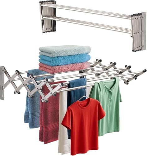 Image of Smartsome Wall Mounted Clothes Drying Rack | Adjustable to Fit Your Space | 20 Linear Feet Drying Capacity | 8 Stainless Steel Rods | 60 lb Capacity | Fully Assembled | Compact Space-Saving Design