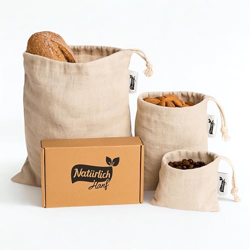 Bolsa de Pan 3 Piezas | Bolsa Pan Tela de cáñamo 100% natural | Bolsa para pan para mantener la comida fresca | reutilizables para panecillos | Bread Bag | Sin Plástico, Lavable y Resistente