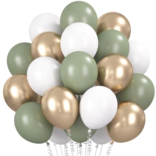 Luftballons Grün Champagner Gold, 30 Stück Salbeigrün Weiß Luftballon Set, Retro Olivegrün Eukalyptâ€¦ – Miniatur