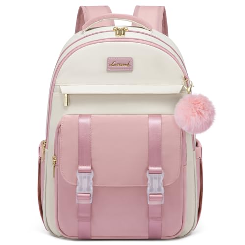 LOVEVOOK School Backpack for Teen Girls, Cute Student Backpack Purse Kid Bookbag for 14-16 Teenage, Back to School Backpacks Fit 15.6 Inch Laptop, Large College Travel Bag, Beige-Pink