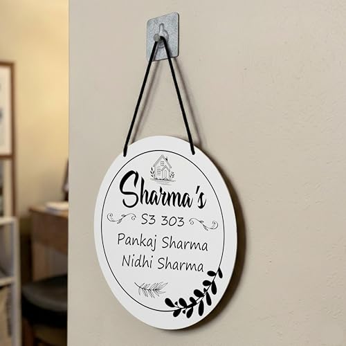 Image of P Arts Personalized Door Name Plate for Home Entrance Round Shaped 10x10 Inch Name plate for home entrance, Door name plates MDF Wood, Black & White (Engraved-02)