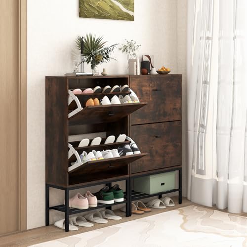 COSTWAY Szafka na buty z 2 klapkami, uchylna szafka na buty z 4 regulowanymi półkami i otwartym regałem, wąski regał na 15 par butów, komoda na buty, półka na buty do przedpokoju, 60 x 24 x 106 cm