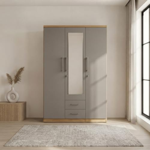 Image of 3 Door Wooden Wardrobe for Bedroom, Grey & Natural, 75x44x19 Inch