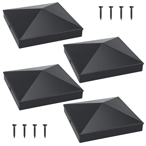 INDECKMO 6x6 Post Caps (Fits True 5.5 x 5.5 Wood Posts) - Matte Black Aluminum Pyramid Style Durable Metal Toppers for Fence Deck and Mailbox Protection (4 Pack)
