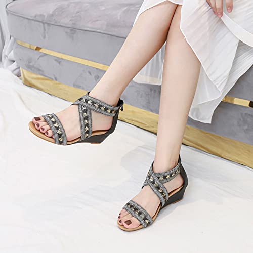 Sandals Slope Heeled Sandals Women's Summer Open Toe Sandals Back Zipper Large Women's Shoes Sandal(A,37)2