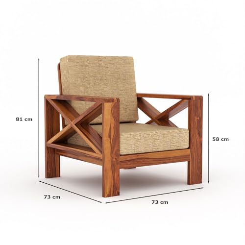 Image of Sheesham Wooden 1 Seater Sofa for Living Room | Rosewood 1 Seater Cushion Sofa X-Legs | Solid Wood Sofa Set for Lounge (1 Seater,Honey)