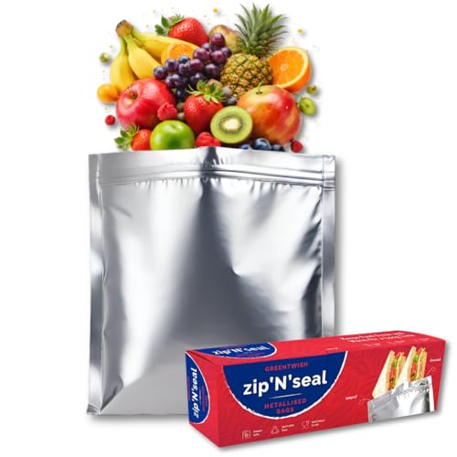 Image of GREENTWISH Zip 'N' Seal (30 Bags) Metallised Silver Zip Lock Bags, Reusable Sandwich and Food Storage Bag, Airtight Foil Pouch with Zipper, Freezer Safe, Polyethylene | S x 10, M x 10, L x 10