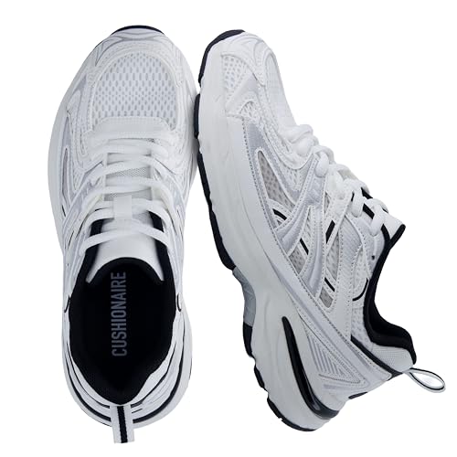 CUSHIONAIRE Sonic Casual Womens Walking Sneakers, Comfortable Lace-Up Chunky Tennis Shoes for Women with Memory Foam, WHITE/BLACK 8.5