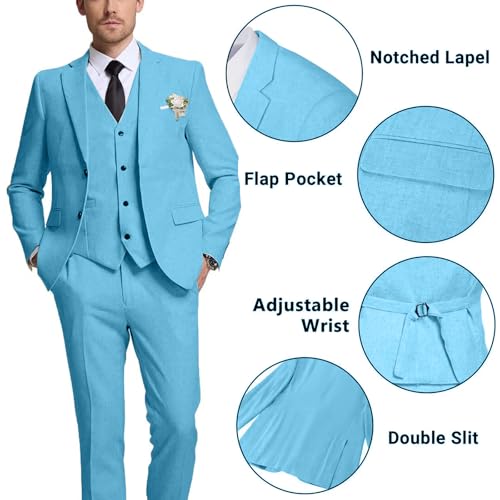 Retro Linen Suit for Men Slim Fit 3 Pieces Casual Beach Wedding Tuxedo Jacket Blazer Vest Pant Groomsmen Suits2