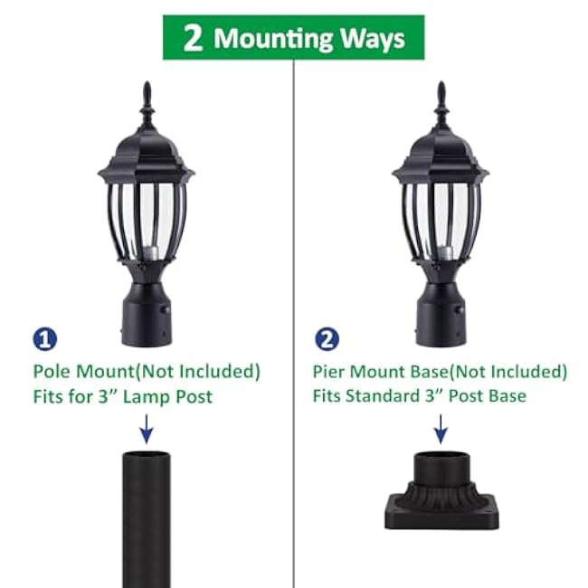 LIT-PaTH Dusk to Dawn Outdoor Post Lighting Fixture Pole Lantern, E26 Medium Base Max 60W, Aluminum Housing Plus Glass, Bulb Not Included (Black, 2-Pack)