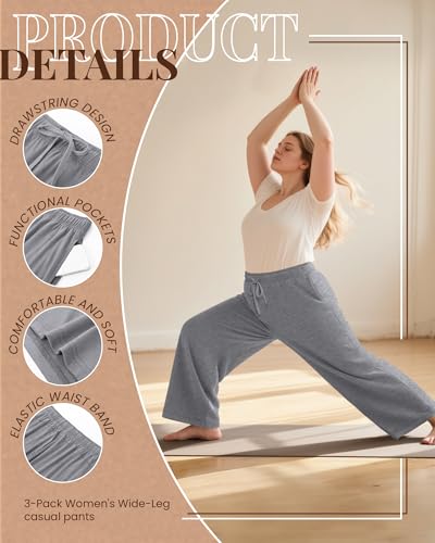 Huukeay 3 Pack Women Plus Size Pants, Straight Wide Leg Lounge Pants Drawstring Elastic Casual Loose Trousers with Pockets4