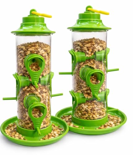 Image of rizopets Hanging Need Hut Shape Bird Feeder,6 Feeding Nozzles Green, Transparent Tube,Perch Feeder for Outdoor Garden,Balconies Pack of 2
