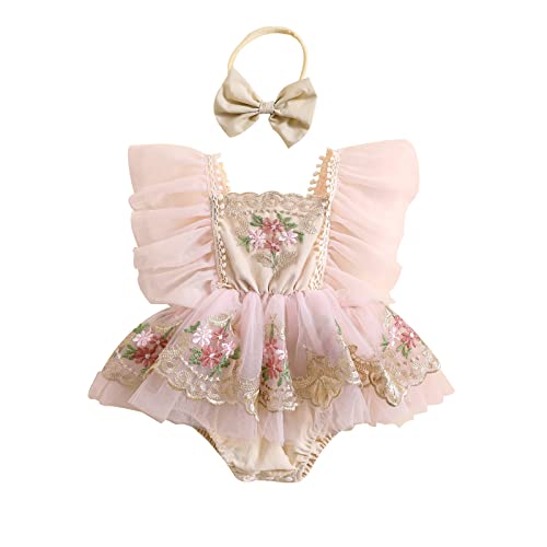 MERSARIPHY Infant Baby Girl Romper Embroidery Flower Lace Baby Tutu Dress Romper Baby Girl Festival Clothes with Bow Headband