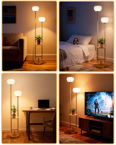 Image of Lightdot 63IN Gold Floor Lamp Dimmable Standing Lamps with Tray Pumpkin Bulbs Included Unique U-Pole Mid Century Modern Tall Lamp with 5Lbs Heavy Base for Living Room /Party /Sofa Beside /Corner Decor