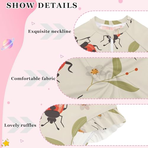 Girls One Piece Swimsuits Long Sleeve Swimsuit Zipper Bathing Suits Lady Bugs Flower3