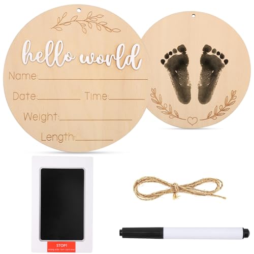Image of Wooden Baby Announcement Sign, 5.9 inch Hello World Newborn Sign with Ink Pad & Marker, Newborn Sign Board Newborn Announcement Sign for Hospital Nursery Photo Prop