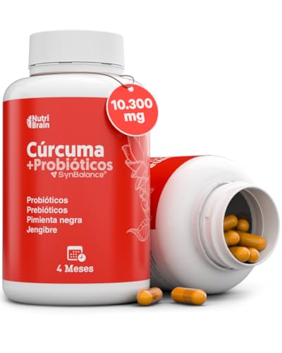 NutriBrain Cúrcuma con Probióticos y Prebióticos, 10300mg, 125 Cápsulas, con Jengibre y Pimienta Negra, Suplemento Antiinflamatorio y Digestivo, 4 Meses de Suministro