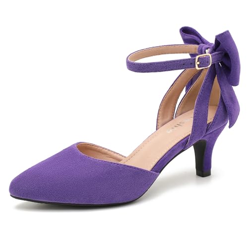 Women's Wedding Evening Party Bow Kitten Heels Pumps Ankle Strap Buckle Dress Shoes