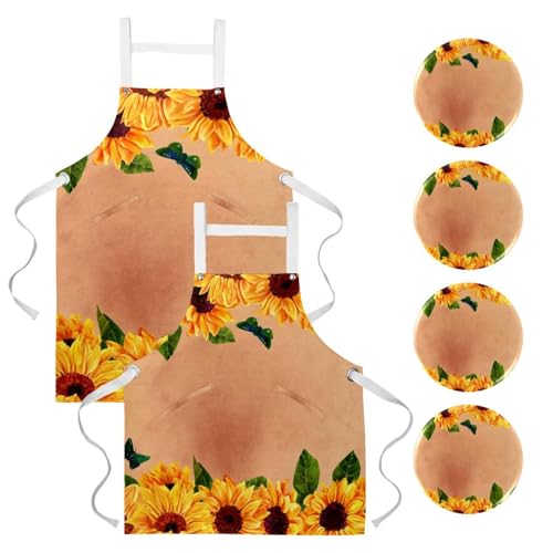 Tablier de cuisine lot de 2 avec imprimé tournesol et 4 broches pour la maison