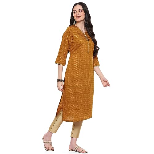 Image of Rangriti Mustard Liva Straight Printed Kurta for Women