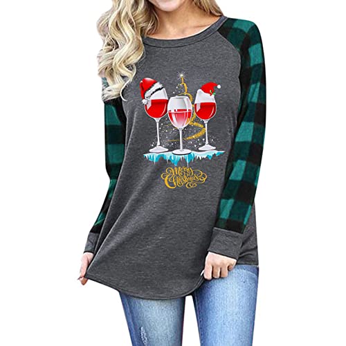 Fuyxxmer Merry Christmas Shirts for Women Wine Glass Christmas Hat Print Long Sleeve Plaid Splicing Raglan Baseball Tee Pattern D01 Medium