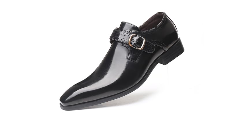 Men's Classic Monk Strap Dress Shoes, Black Patent Leather, Single Buckle Design
