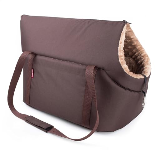 BOUTIQUE ZOO Hundetasche - Braun Beige/Minky, L bis 15 kg - Tragetasche für kleinen und mittleren Hund, Welpen, Katze