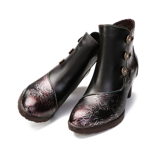 Superladystar's Handmade Floral Stitching Women's Ankle Boots, Cowhide Leather, Hand-embossed, Retro Style4