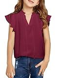 DOKOTOO KIDS Girls T Shirts Cute Ruffle Sleeve Flowy Shirts Summer Casual V Neck Chiffon Solid Color Tops Burgundy 8-9 Years