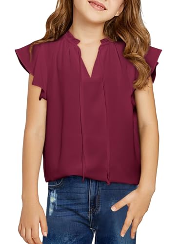 Image of DOKOTOO KIDS Girls Short Sleeve Blouse Dress Shirt Top Size 7-15 Years Old | None Elastic Fabric, Ruffle V Neck, Pull on, Solid Collared Formal, Flowy Casual Flutter Spring Summer Western Top