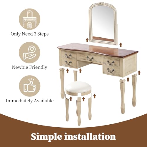 Image of JIVOIT 46 inch Vintage Makeup Vanity Table with Leather Stool, Vanity Desk with Curved Flower Frame Mirror, Dressing Table with 5 Drawers and Antique Handles, Easy Assembly