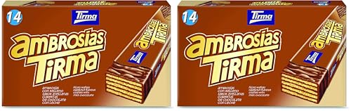 Tirma Ambrosía Cubierta de Chocolate con Leche | Barritas de Barquillos Rellenos de Crema de Avellanas | Chocolatinas Canarias Envasadas Individualmente | 14 uds, 301g (Paquete de 2)