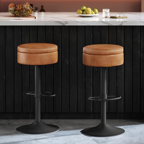 Image of VASAGLE EKHO Collection - 360 Swivel Bar Stools Set of 2, Height Adjustable Barstools with Storage, Synthetic Leather with Stitching, Mid-Century Modern, Kitchen Bar, Easy Assembly, Caramel Brown