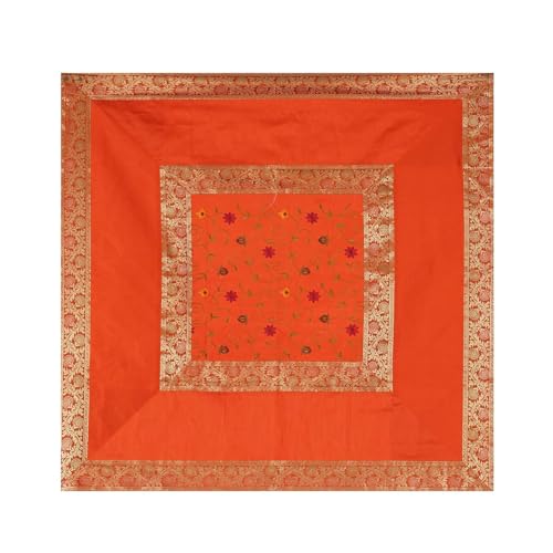 Image of New Year Room Decor Embroidery Brocade Silk Table Cover for Centre & Dinning Table and 4 & 6 Seater Dining Table /Tablecloth, (50 By 50 Inches) (Orange)