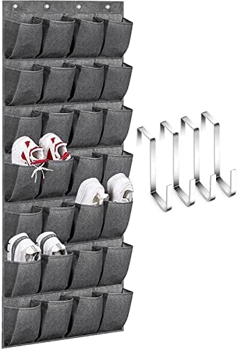 MISSLO Over the Door Shoe Storage Organiser 28 Cloth Pockets Hanging Shoe Rack Holder Back of Door Organizer with 2 Size Hooks for Wardrobe Men Women Kids Shoes Hanger Tidy (Grey)