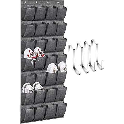 MISSLO 28 Große Taschen über der Tür Schuh-Organizer mit 4 Haken hänge organizer für unterschiedlich breite Türen, hängender schuhaufbewahrung für Schrank schuhhalter Herren, Grau Cover