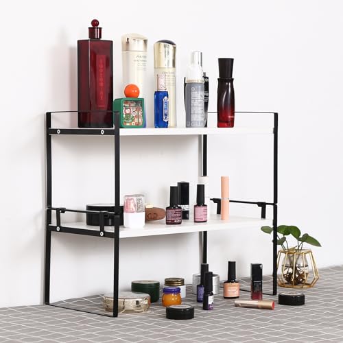 Image of Desk Shelf Organizer for Top of Desk, Detachable 2 Tier Desktop Bookshelf, Wooden Desk Shelves Storage Rack, Small Desktop Shelf for Office Home Dorm, Tabletop Desk Organizer Stand (White+Black)