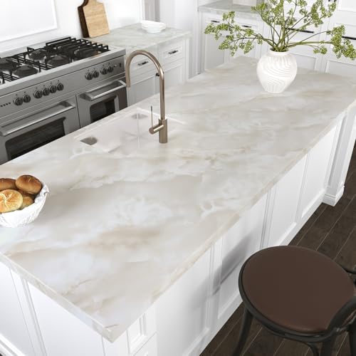 VEELIKE Wide Cream Onyx Marble Countertop Contact Paper Waterproof Kitchen Countertop Peel and Stick Marble Contact Paper 32\'\'x118\'\' Thick Self Adhesive Granite Vinyl Counter Top Covers for Bathroom