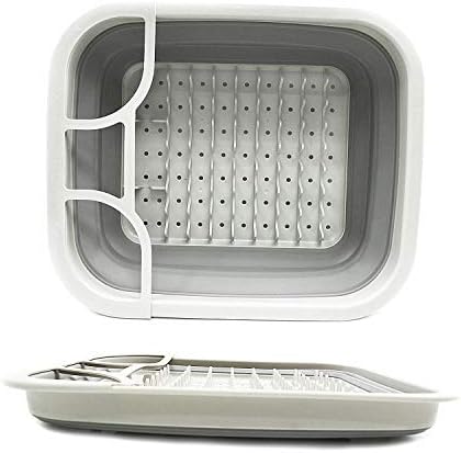 SAMMART Collapsible Dish Drainer with Drainer Board - Foldable Drying Rack Set - Portable Dinnerware Organizer - Space Saving Kitchen Storage Tray (Grey)