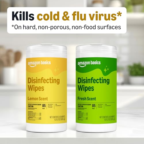 Amazon Basics Disinfecting Wipes, Lemon & Fresh Scent, Sanitizes, Cleans, Disinfects & Deodorizes, 255 Count (3 Packs of 85), Packaging May Vary