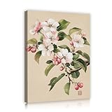 オリエンタルクラシカルスタイルキャンバスウォールアートナシの花の枝緑の葉の絵画プリントバスルームベッドルームリビングルームの壁の装飾50x65cmインナーフレーム