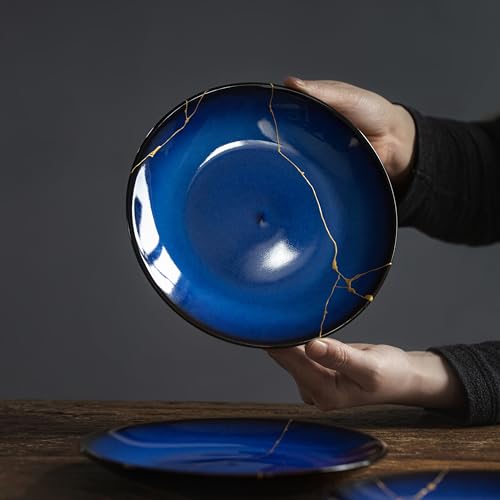 KANELASURI Authentic Kintsugi Bowl with Genuine 24K Gold, Kintsugi Pottery,Handcrafted Japanese Wabi Sabi Zen Decor, Deep Blue Ceramic, Healing and Resilience Gift