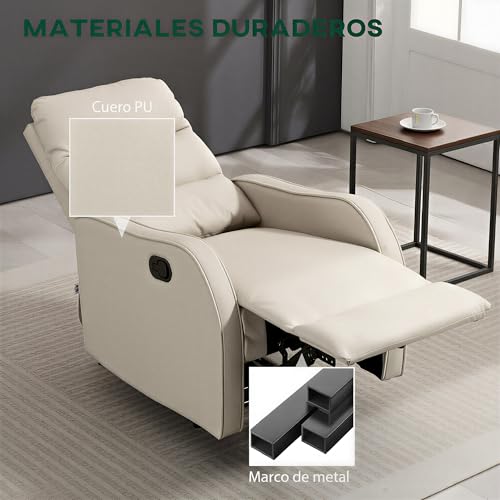 HOMCOM Sillón Relax Reclinable Manual, Sillón Relax Tapizado en PU con Reposapiés Retráctil, Acolchado Grueso, Butaca Reclinable hasta 160º, para Salón, Dormitorio, Crema, 65x89x100 cm - imagen 6