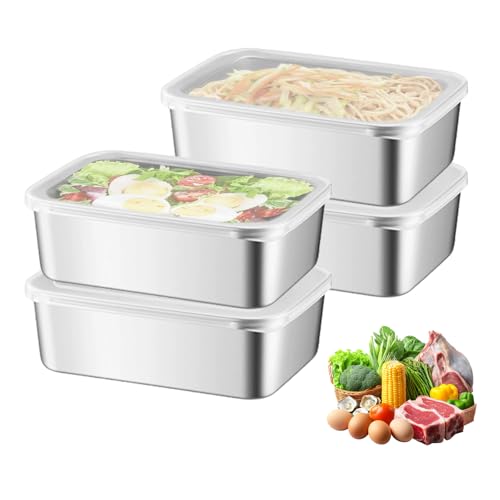 Juego con 4 fiambreras para frigorífico, caja de almacenamiento de alimentos con tapa, fiambreras frescas, fiambreras de acero inoxidable, para frigorífico, alimentos de acero inoxidable