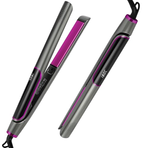 LOPHE Negative Ion 2-in-1 Straightener and Curler, Ionic Titanium Plates for Smooth and Shiny Results, Fast Heating, 120-230℃ LCD Display, Suitable for Home and Travel Use, Bright Gray