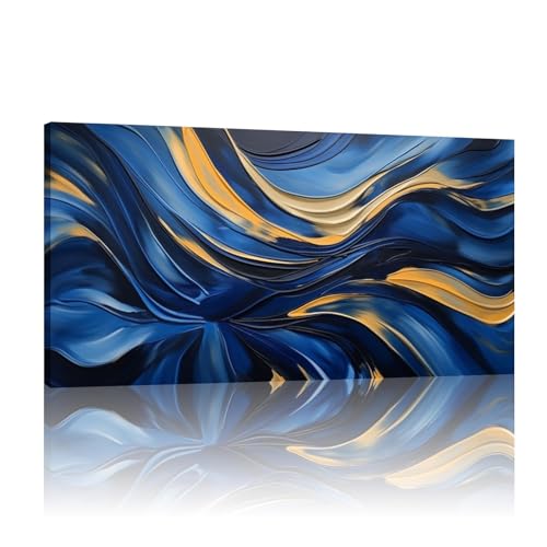 Tableau abstrait bleu et or 60x120 cm avec cadre pour la décoration moderne du salon