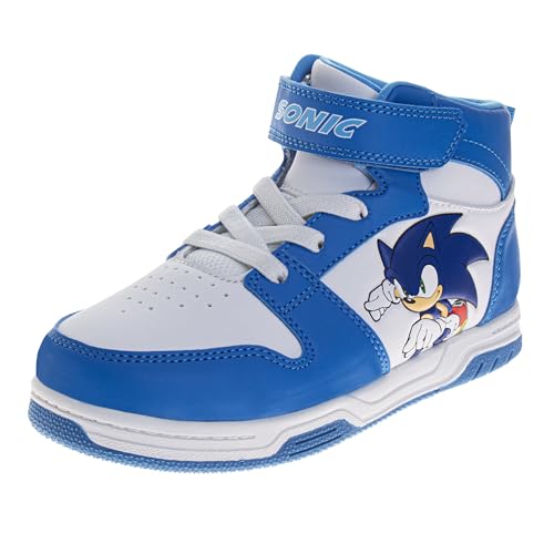 Josmo Sonic the Hedgehog Hightop Sneakers for Kid Boys - Lightweight Breathable Lace Up Ankle Strap Hi Shoes - White Blue (Size 1 Big Kid)