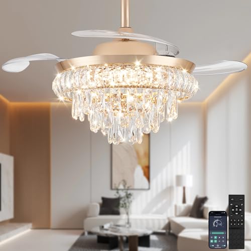 RHEAFON 36Inch Dimmable Fandelier Crystal Ceiling Fans with Lights and Remote 6 Speed 3 Light Retractable Chandelier Ceiling Fan Gold Modern Ceiling Fan for Bedroom Living Room Dining Room