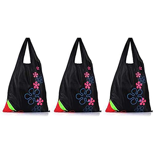 Pro-Noke 3 Pcs Strawberry Nylon Foldable Reusable Shopping Bags Grocery Shopping Tote Bags Convenient Grocery Bags and Handy Quality Durable (Black)
