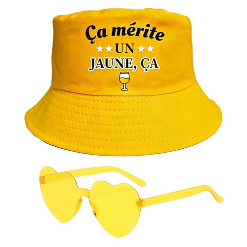 AHEZQILU 2 Pièces Cadeau pour Pastis Club Bob Jaune, bob homme et Lunettes de Soleil Jaunes, Cadeau Humour, pour Hommes Femmes Amis Fête Anniversaire Plage